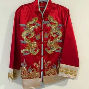 Men’s Red Embroidered Qun Kwa or Qun Gua Set with Gold Accents for Weddings